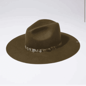 Olive green Flop Hat with a wide brim and a snakeskin band, photographed against a plain white background.