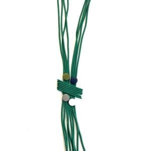 The Flowered Tie Back Crop Top features multiple thin green cords held together by small, round, colored beads, and is displayed on a white background.