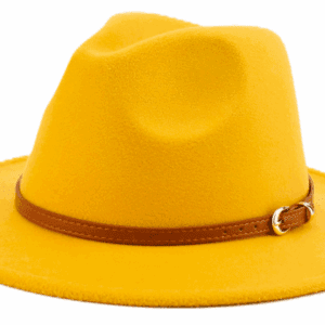 The Fidora with Cinnamon Band is a bright yellow fedora hat featuring a brown leather band with a silver buckle, displayed against a white background.