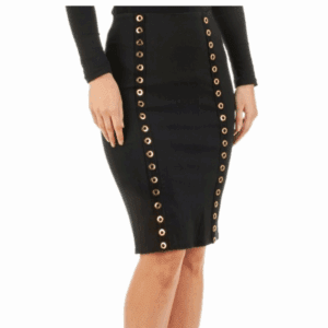 A woman wears the Double Sided Gold Design Skirt, a black high-waisted pencil skirt with two vertical rows of gold eyelet details, paired with a black long-sleeved top.