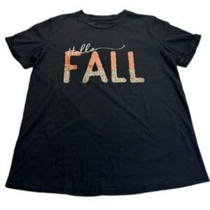 The Fall T-shirt features "Hello FALL" on the front, with "FALL" in large leopard print letters.
