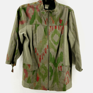 The Off the Shoulder Be Bold Top features an army-green hue with a zip front, two front pockets, and a red and green abstract pattern, displayed on a hanger against a white background.