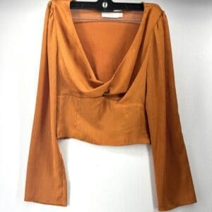 The Faux Satin Long Sleeve Short Blouse in rust orange features a draped cowl neckline and long sleeves, shown on a black hanger against a plain white background.