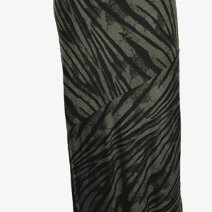 The Off the Shoulder Be Bold Top features an olive green base with black zebra stripes, a slightly flared hem, and diagonal seam detailing.