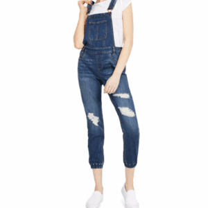 A person wears the Off the Shoulder Be Bold Top, distressed denim overalls, and white slip-on shoes while standing against a white background.