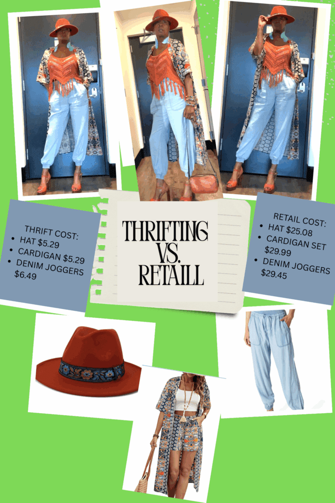 A woman models an outfit with a rust hat, orange top, patterned cardigan, blue joggers, and brown shoes; thrift and retail costs are compared in text.