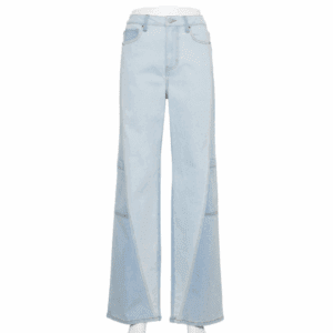 Light blue 6 Button Pocket Dress Pants featuring a high-waist, wide-leg cut, front and back pockets, visible seam details, and button-zip closure, displayed on a white mannequin.