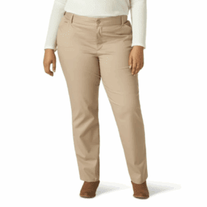 A person wearing 6 Button Pocket Dress Pants in beige, a white long-sleeve top, and brown shoes stands against a plain background.