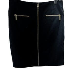 The Simone Body Con Skirt is a black, knee-length skirt featuring a front zipper and two horizontal zippered pockets near the waist.