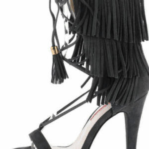 Charcoal Grey 3 Layered Fringe Heels featuring an open toe, ankle strap, and multiple layers of fringe and tassel detailing around the ankle.