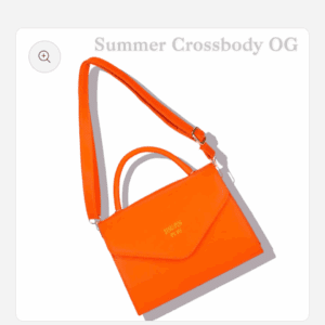 The Cross Body Hand Bag is a bright orange bag with a top handle and adjustable shoulder strap, shown on a white background. It features gold "JINSUN PX. JU" text on the front.