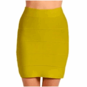 A person wearing the Simone Body Con Skirt, a high-waisted, fitted yellow skirt featuring horizontal seam detailing.