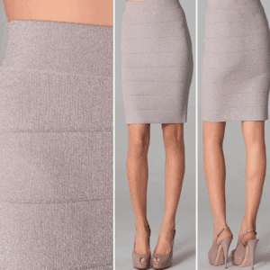 Three-panel image of the Simone Body Con Skirt in silver metallic: close-up of fabric, front view, and back view styled with high-heeled shoes.