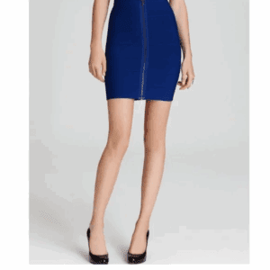 A person wearing a fitted blue Body Con Skirt with a zip front and black high-heeled shoes stands against a plain light background.