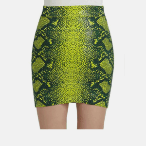 A woman wearing the Simone Body Con Skirt in green and yellow.