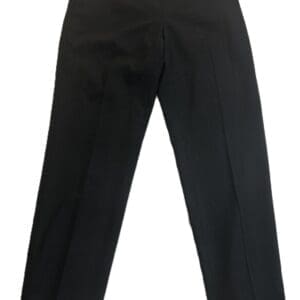 A pair of black dress pants laid flat on a white background.