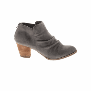 The Clarice Block Heel Bootie is a gray suede ankle boot featuring a stacked wooden block heel and a back zipper, displayed on a white background.