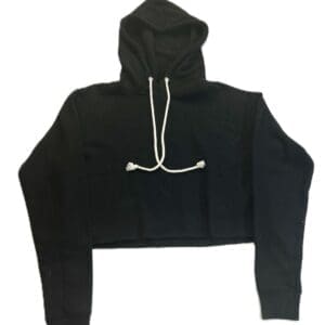 A black cropped hoodie with long sleeves and white drawstrings, laid flat on a white background.
