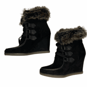 The Faux Fur Suede Wedge Boots are black ankle boots with wedge heels, faux fur trim, and lace-up fronts, shown from side angles on a white background.