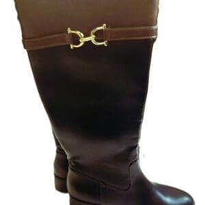 A pair of black knee-high leather boots with a brown cuff and gold buckle detail near the top.