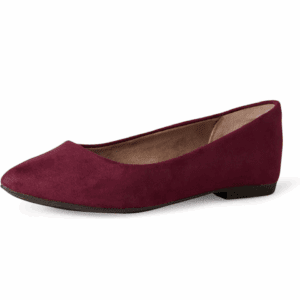A single maroon suede ballet flat with a pointed toe and a low black heel displayed on a white background.