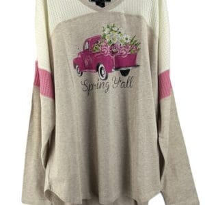 Beige 2-piece off the shoulder top and pants set with white and pink accents, featuring a front illustration of a pink truck carrying flowers and the text "Spring Y'all.