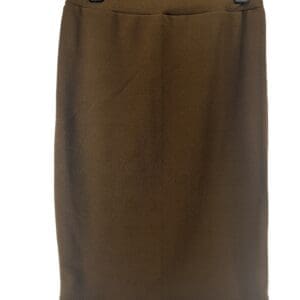 A Chocolate Brown Pencil Skirt, knee-length, is displayed on a hanger against a white background.