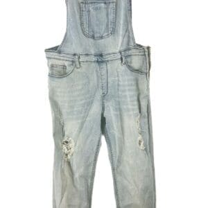 Light Denim Ripped Overalls featuring a front chest pocket, side pockets, adjustable shoulder straps, and ripped details on both legs.