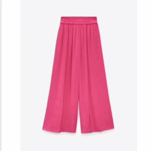 Zara Palazoo Wide Leg Pants in pink, featuring a high waist and elastic waistband, are shown flat against a white background.
