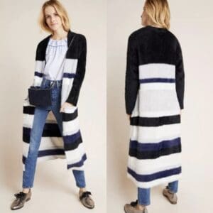 A woman wears a long, open-front, black, white, and blue striped cardigan over jeans and a light blouse, shown from the front and back.