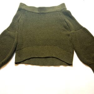 An Army Green Off the Shoulder Sweater in size L, featuring long sleeves and a textured knit pattern, is displayed flat on a white surface.
