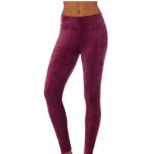 A person wearing high-waisted, full-length, velvet-textured burgundy leggings against a plain background.