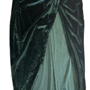 The Green Velour Midi Deep Split Skirt in size M, featuring a front knot detail and open front slit, is shown flat on a white background.