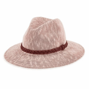 Light pink woven hat with a wide brim and a brown braided band around the base of the crown.