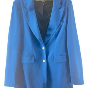 A blue women's blazer with two front buttons, two pockets, and a notched collar, hanging on a hanger against a white background.