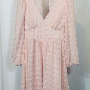 Product is a light pink long-sleeve dress featuring a deep V-neckline, polka dot texture, sheer sleeves, and mid-thigh length, displayed on a hanger against a plain background.