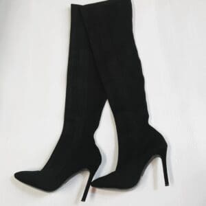 A pair of Cloth Thigh High Boots, size 8.5, in black with pointed toes and stiletto heels, are placed side by side on a white background.
