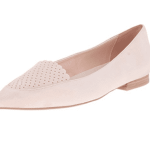 Light pink women's flat shoe with a pointed toe, perforated scallop detail on the upper, and a low wooden heel.