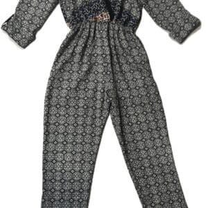 Product: A long-sleeve, full-length jumpsuit with a V-neck, cinched waist, tie-back neck, and patterned design.