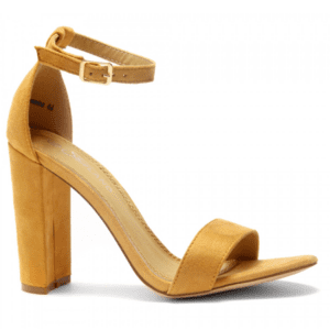 The Rosemmina Open Toe Ankle Strap Chunky Heel in mustard yellow, size 8, features a thick block heel and ankle strap. Displayed on a white background.