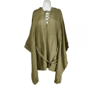 A mannequin displays an olive green hooded poncho with a lace-up front and loose, draped sleeves.