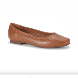 A brown faux leather flat shoe with a textured, reptile-like pattern and a low heel, displayed on a white background.