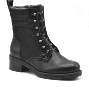 The Adrienne Vittadini Davide Boot in size 8.5 is a black leather ankle boot featuring a low block heel, side zipper, and decorative front lacing with silver eyelets and chain detailing.