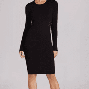 A woman wearing a fitted, long-sleeve, knee-length black dress stands against a plain light background.