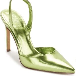 A shiny metallic green pointed-toe high heel shoe with a slingback strap and stiletto heel.