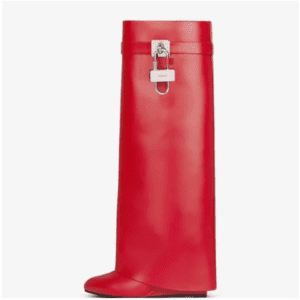 A single Givenchy Shark Lock Leather Knee High Boot in bright red leather, size 41, features a wide rectangular upper and a silver buckle detail near the top.