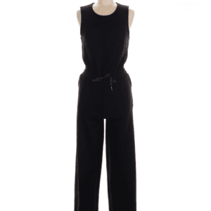 Sleeveless black jumpsuit with a round neckline, drawstring waist, and wide-leg pants displayed on a mannequin.