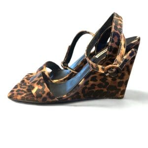 A pair of women's wedge heels with a pointed toe and brown leopard print pattern, featuring ankle straps and a high wedge heel, displayed on a white background.