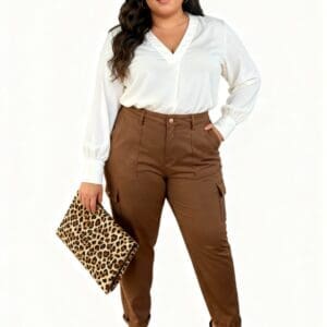 Woman stands against a white background wearing a white blouse, brown pants, and animal print heels, holding a matching animal print clutch.