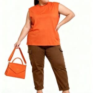 Woman in an orange sleeveless top, brown cargo pants, and wedge sandals holds an orange handbag and poses against a white background.